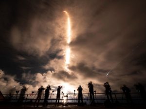 A rocket launching into space