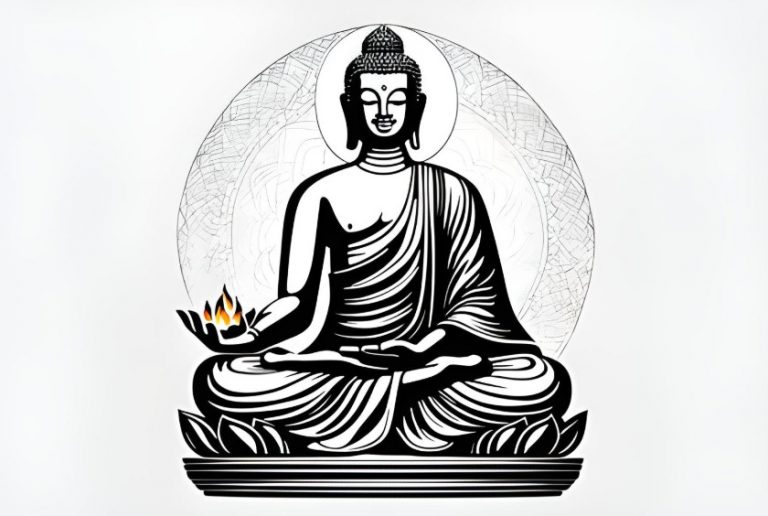 AI image of a seated Buddha with a flame in one hand