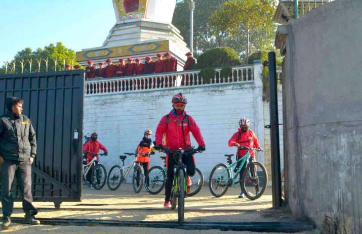 The nuns set off from Druk Amitabha Mountain Nunnery in Kathmandu on Sunday. From Kung Fu Nuns Facebook